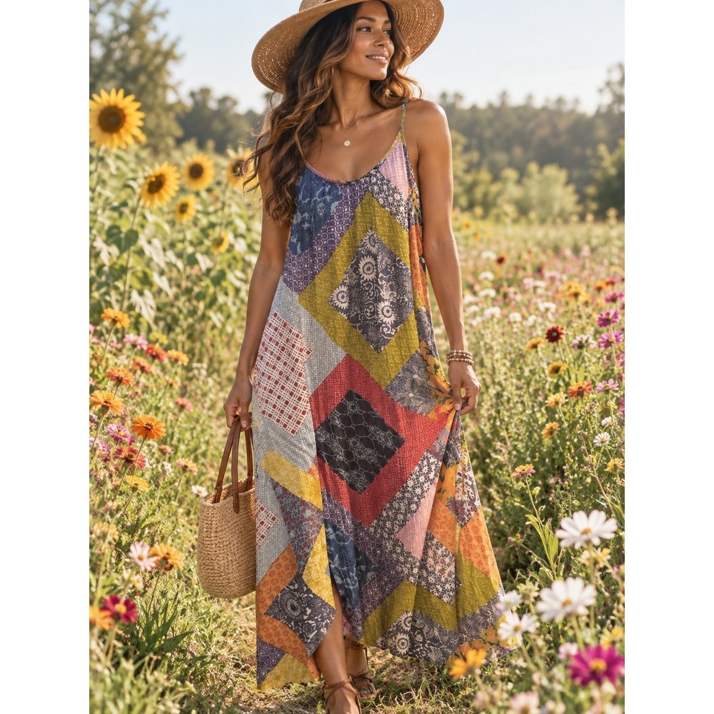 Natural Life Coco Diamond Patchwork Boho Midi Dress Size XS